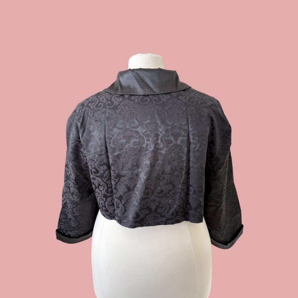 Plus size Black Satin Victorian Damask jacquard Bolero Jacket, 3/4 Sleeves, 3XL - Picture 6 of 9